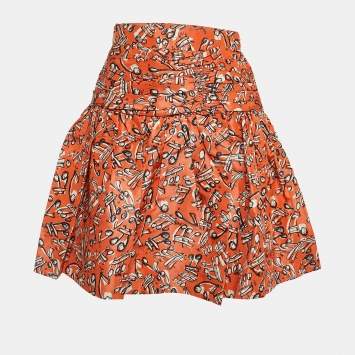 Miu Miu Orange Printed Silk Pleated Mini Skirt S
