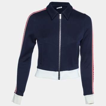 Miu Miu Navy Blue Cotton Blend Logo Tape Knit Zip Up Jacket M