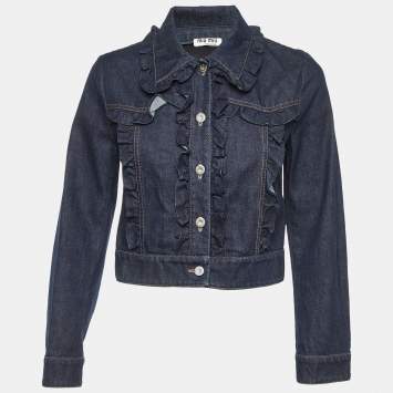 Pre Owned Miu Miu Dark Blue Denim Ruffled Crop Jacket S