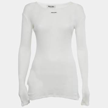 Pre Owned Miu Miu White Logo Applique Rib Knit Top XS