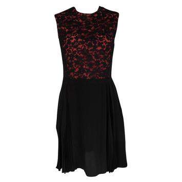 Pre Owned Miu Miu Black and Orange Floral Lace Pleat Detail Dress S