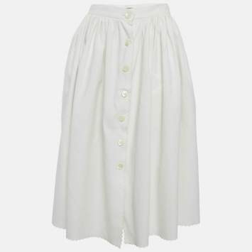 Pre Owned Miu Miu White Cotton Button Front Midi Skirt M