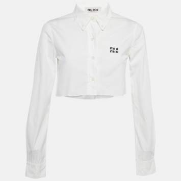 Pre Owned Miu Miu White Logo Embroidered Cotton Crop Shirt XS