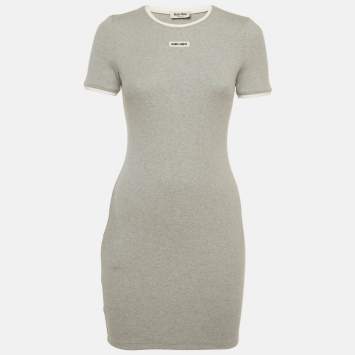 Pre Owned Miu Miu Grey Logo Patch Rib Knit Mini Dress XS