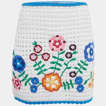 Pre Owned Miu Miu White Floral Embroidered Crochet Mini Skirt S