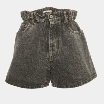 Pre Owned شورت ميو ميو دنيم مغسول أسود بخصر مطاطي صغير - سمول