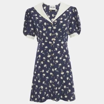 Pre Owned Miu Miu Blue Floral Print Silk Mini Dress M