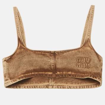 Pre Owned Miu Miu Brown Washed Cotton Logo Applique Crop Top S