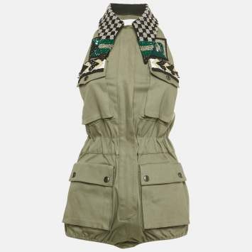 Pre Owned Miu Miu Green Embellished Cotton Playsuit S