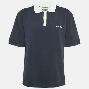 Pre Owned Miu Miu Navy Blue Logo Embroidered Cotton Pique Polo T-Shirt L