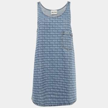 Pre Owned Miu Miu Blue Logo Print Denim Sleeveless Shift Dress S