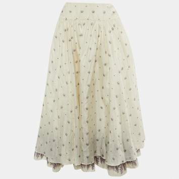 مملوكة مسبقًا تنور ة ميو ميو حرير مطبعة بالورود بيضاء بطول متوسط مقاس كبير جدًا - إكس لارج