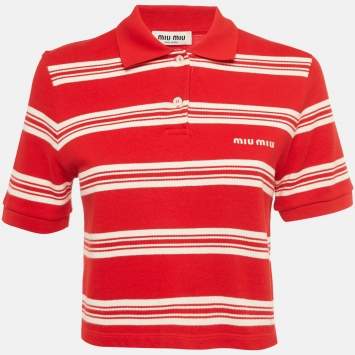 Pre Owned Miu Miu Red Stiped Cotton Knit Cropped Polo T-shirt S
