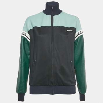 مملوكة مسبقًا جاكيت ميوميو جلد وكارديغان بسحاب أمامي أزرق بحري وأخضر مقاس صغير