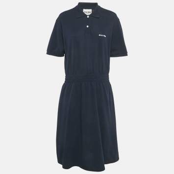 مملوكة مسبقًا Miu Miu Navy Blue Cotton Pique Cinched Waist Midi Dress M