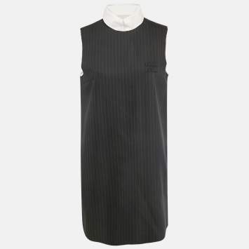 مملوكة مسبقًا Miu Miu Navy Blue Pinstriped Wool Mock Collar Shift Dress M