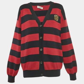 Pre Owned Miu Miu Pink/Blue Striped Knit Logo Patch Cardigan S