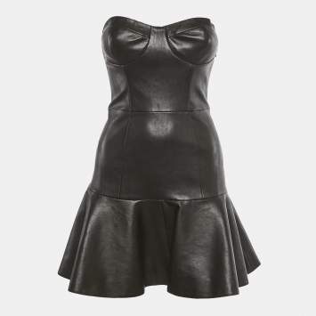 مملوكة مسبقًا Miu Miu Black Genuine Leather Strapless Mini Dress S