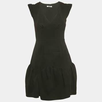 Pre Owned Miu Miu Black Crepe Flounce Mini Dress S