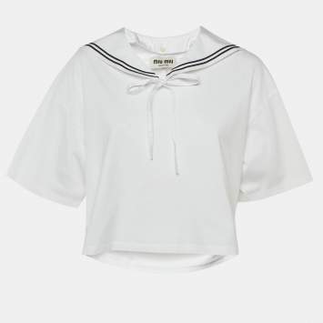Pre Owned Miu Miu White Cotton Logo Embroidered Sailor Collar T-Shirt L