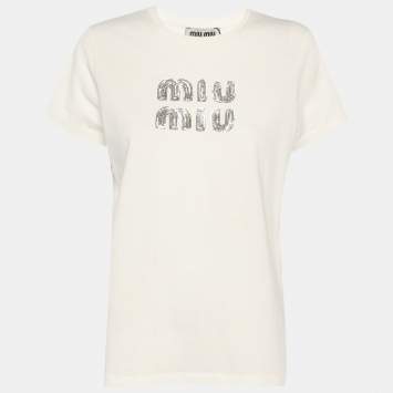 Pre Owned Miu Miu White Jersey Logo T-Shirt XS
