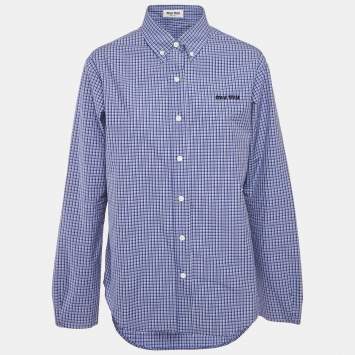 مملوكة مسبقًا قميص ميو ميو قطن أزرق كارو مطرز بشعار حجم متوسط