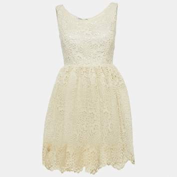 Pre Owned Miu Miu Cream Cord Guipure Lace Mini Flared Dress S