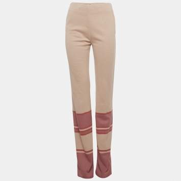 Pre Owned بنطلون ميو ميو بيج مخطط خليط الصوف أرجل واسعة مقاس صغير