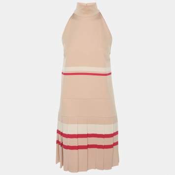 Pre Owned فستان ميو ميو بيج/وردي جيرسي بياقة عالية حجم صغير