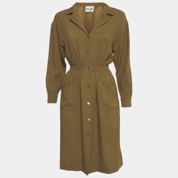 Pre Owned Miu Miu Olive Green Crepe Long Sleeve Shirt Dress S