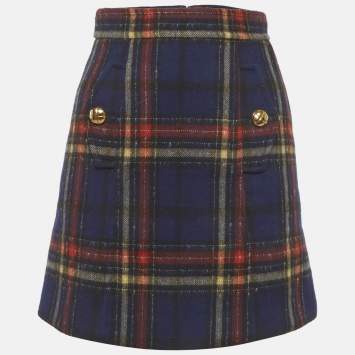 Pre Owned Miu Miu Navy Blue/Red Plaid Wool Mini Skirt XS