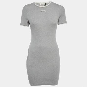 Pre Owned Miu Miu Grey Logo Patch Rib Knit Mini Dress S