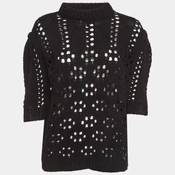 Pre Owned بلوفر ميو ميو صوف مفتوح أسود بأكمام قصيرة صغير