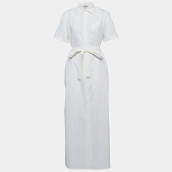 Pre Owned Miu Miu Off White Embroidered Cotton Belted Maxi Dress S