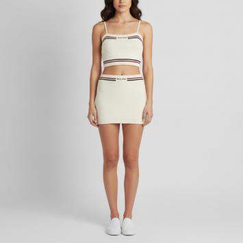 Pre Owned Miu Miu Off White Logo Detail Cotton Knit Crop Top & Mini Skirt XS/S