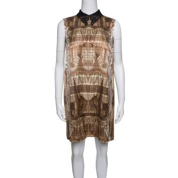 Pre Owned Miu Miu Brown Printed Contrast Lurex Collar Detail Sleeveless Dress M