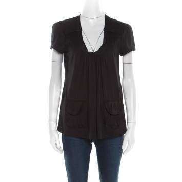 Pre Owned Miu Miu Black Cotton Jersey Patch Pocket Detail Top XS