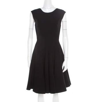 Pre Owned Miu Miu Black Wool Cutout Back Bow Detail Flared Dress S