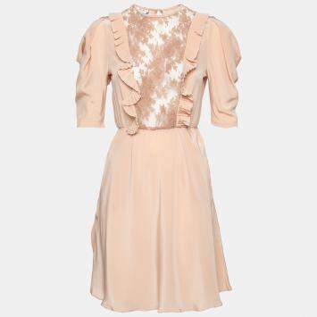 Pre Owned Miu Miu Beige Silk Lace Insert Pleated Ruffle Trim Dress S