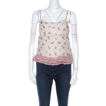 Pre Owned Miu Miu Pale Pink Silk Chiffon and Ruffled Lace Detail Camisole Top M 