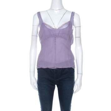 Pre Owned Miu Miu Lavender Chiffon Silk Lace Trim Scoop Neck Camisole Top M
