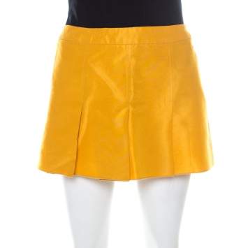 Pre Owned Miu Miu Yellow Taffeta Box Pleat Mini Skirt S