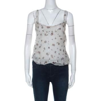 Pre Owned Miu Miu Pale Grey Printed Chiffon Wide Scoop Neck Slip & Sleeveless Top L