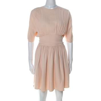 Pre Owned Miu Miu Pale Pink Crepe Clinched Waist Pleated Mini Dress S