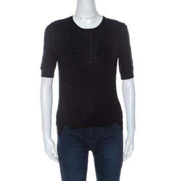 Pre Owned Miu Miu Black Cashmere Rib Knit Short Sleeve Top S