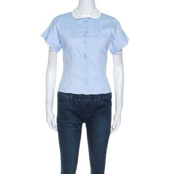 Pre Owned Miu Miu Blue Cotton Contrast Collar Sort Sleeve Shirt S 