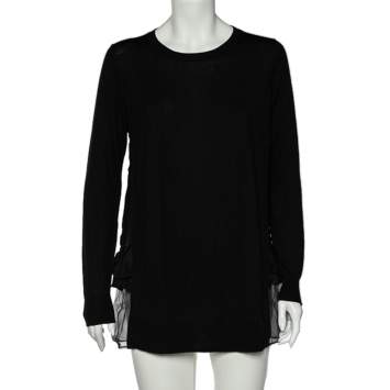 Pre Owned Miu Miu Black Wool Knit Paneled Long Sleeve Top S