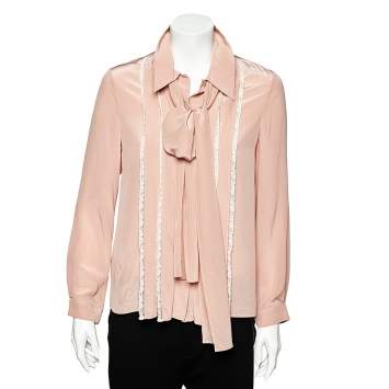 Pre Owned Miu Miu Pink SIlk Lace Trim Neck Tie Detail Shirt S