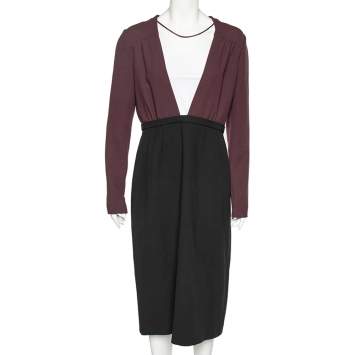 Pre Owned Miu Miu Black-Burgundy Textured Wool Plunge Neck Midi Dress L