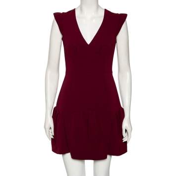 Pre Owned Miu Miu Burgundy Crepe Fluted Hem V-Neck Dress M